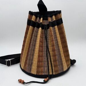 Baskets of Cambodia Woven Drawstring Backpack Purse Tan Black Trim Medium